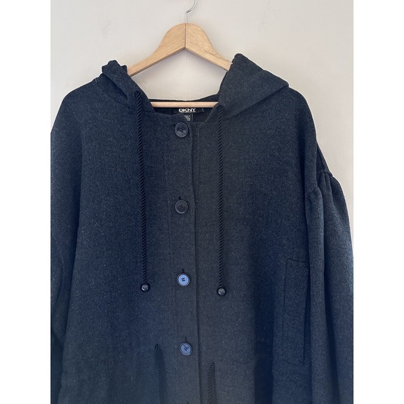 DKNY Womens Oversized Hooded Pea Coat Size L Gray Wool Lagenlook Quiet Luxury - Picture 2 of 11